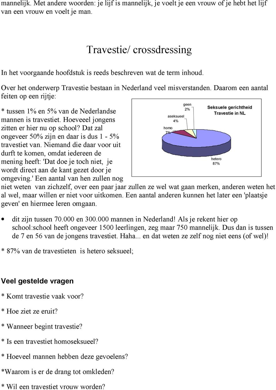 Daarom een aantal feiten op een rijtje: * tussen 1% en 5% van de Nederlandse mannen is travestiet. Hoeveeel jongens zitten er hier nu op school?