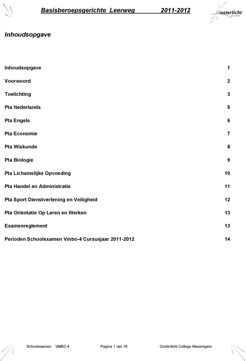 Dienstverlening en Veiligheid 12 Pta Oriëntatie Op Leren en Werken 13 Examenreglement 13 Perioden