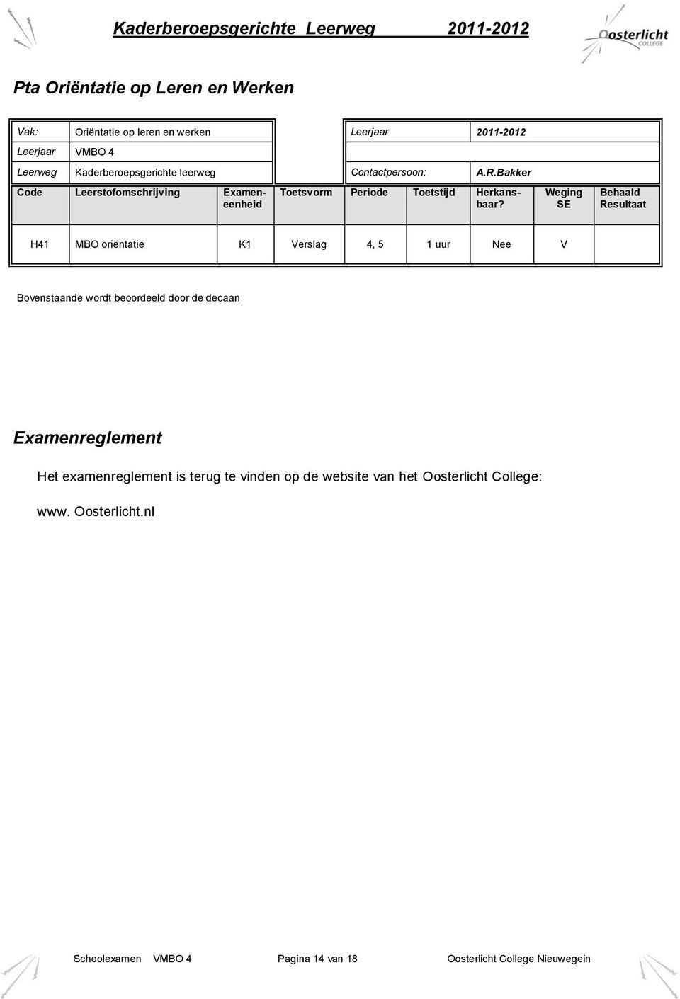 Bakker Weging SE Behaald H41 MBO oriëntatie K1 Verslag 4, 5 1 uur Nee V Bovenstaande wordt beoordeeld door de