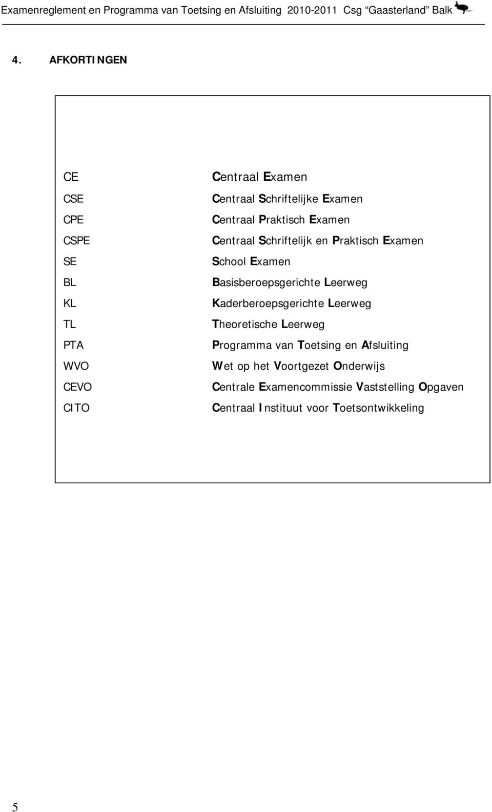 Leerweg Kaderberoepsgerichte Leerweg Theoretische Leerweg Programma van Toetsing en Afsluiting Wet op het