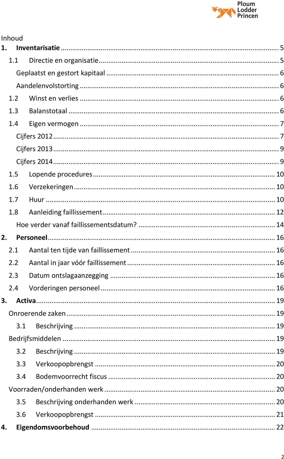 ... 14 2. Personeel... 16 2.1 Aantal ten tijde van faillissement... 16 2.2 Aantal in jaar vóór faillissement... 16 2.3 Datum ontslagaanzegging... 16 2.4 Vorderingen personeel... 16 3. Activa.