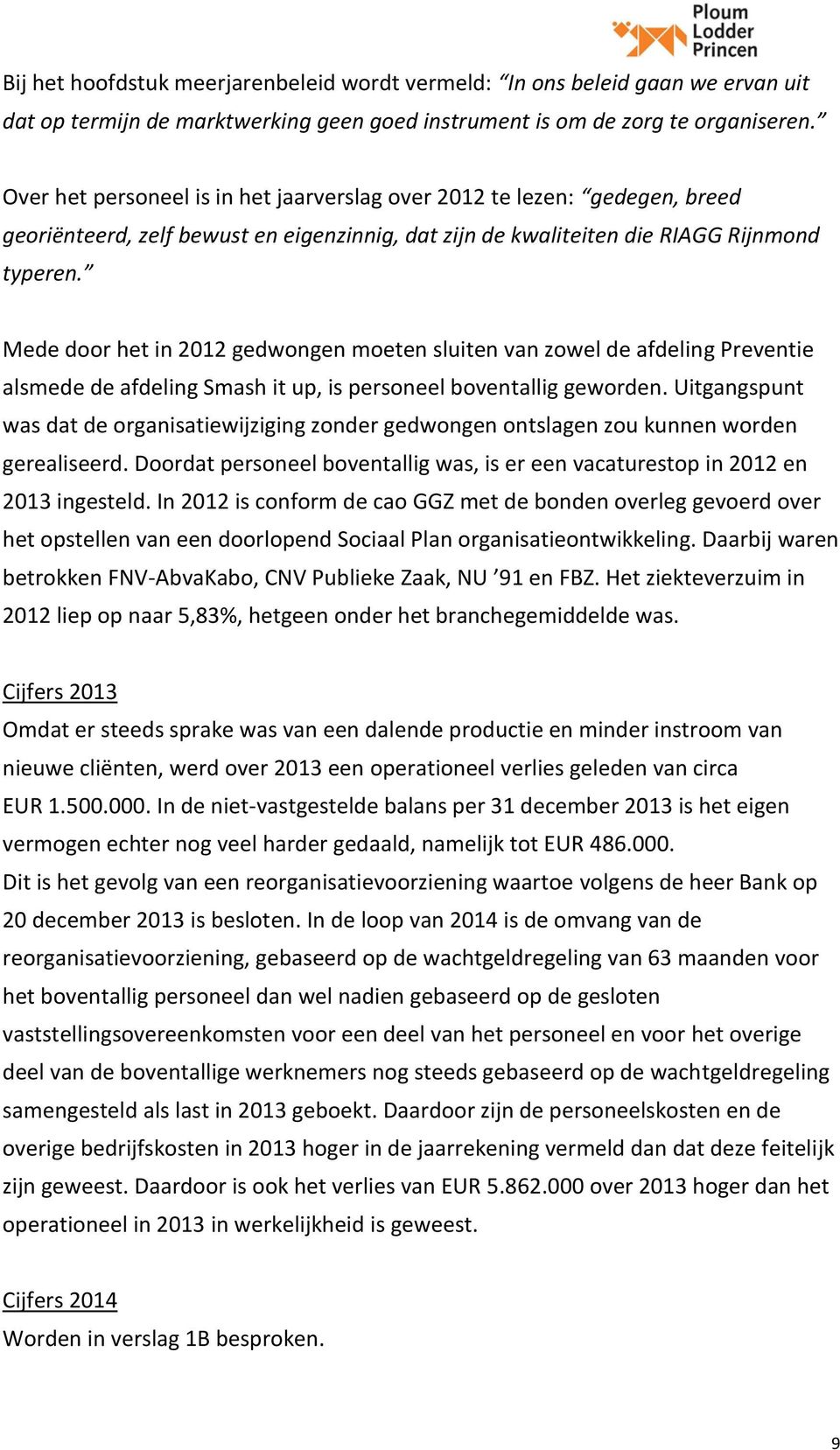 Mede door het in 2012 gedwongen moeten sluiten van zowel de afdeling Preventie alsmede de afdeling Smash it up, is personeel boventallig geworden.