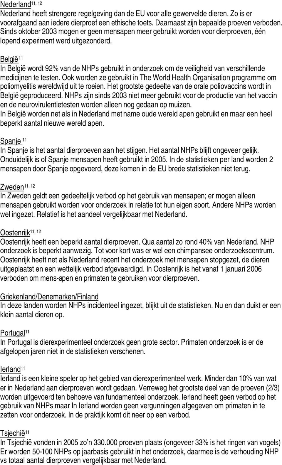 België 11 In België wordt 92% van de NHPs gebruikt in onderzoek om de veiligheid van verschillende medicijnen te testen.