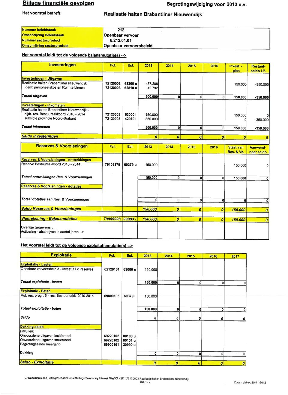 Investeringen - Uitgaven Realisatie halten Brabentliner Nieuwendijk 72120003 43300 u 457.208 15 000-350.000 idem: personeelskosten Ruimte binnen 72120003 62810 u 42.792 Totaal uitgaven 500.