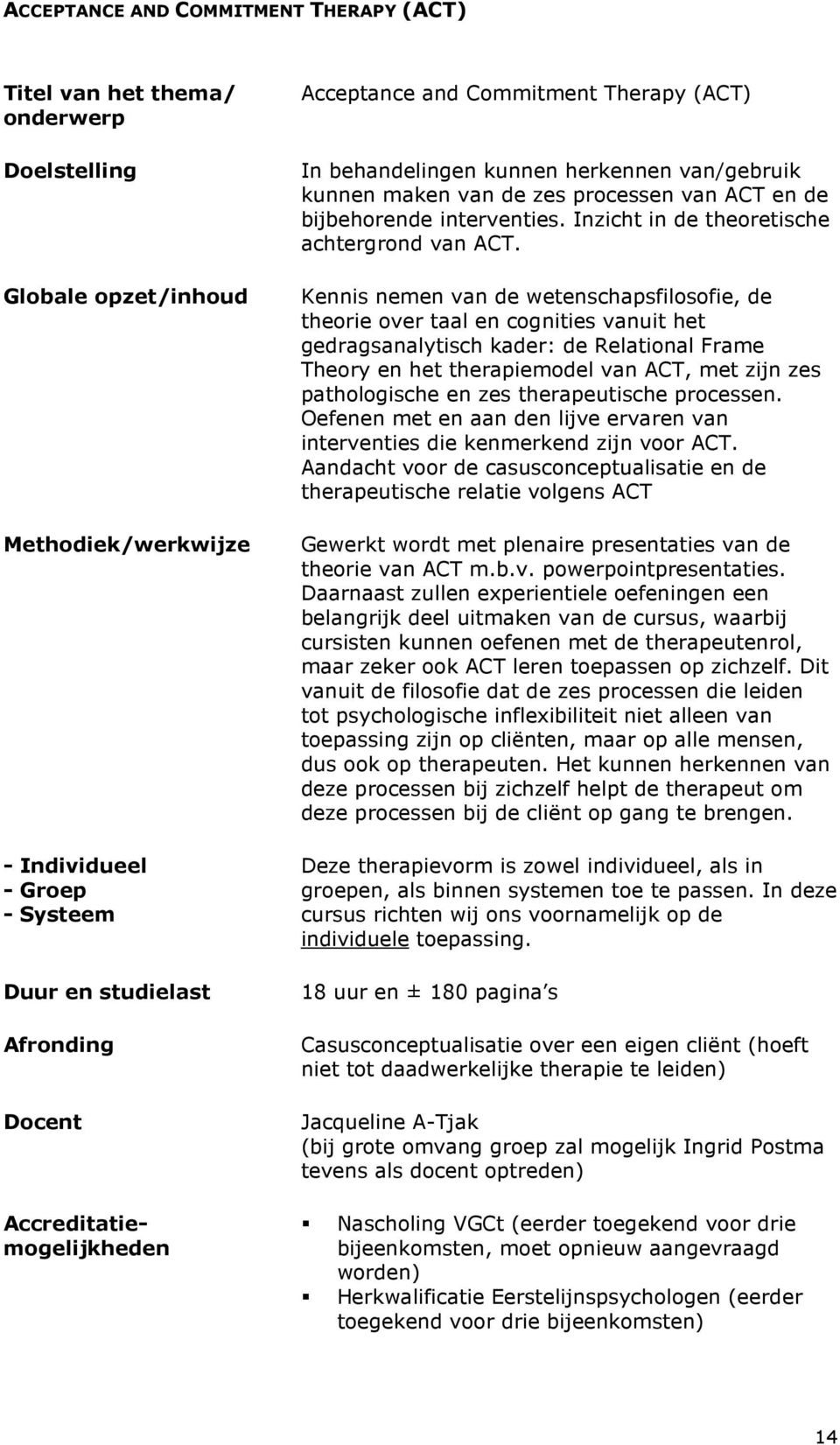 Kennis nemen van de wetenschapsfilosofie, de theorie over taal en cognities vanuit het gedragsanalytisch kader: de Relational Frame Theory en het therapiemodel van ACT, met zijn zes pathologische en