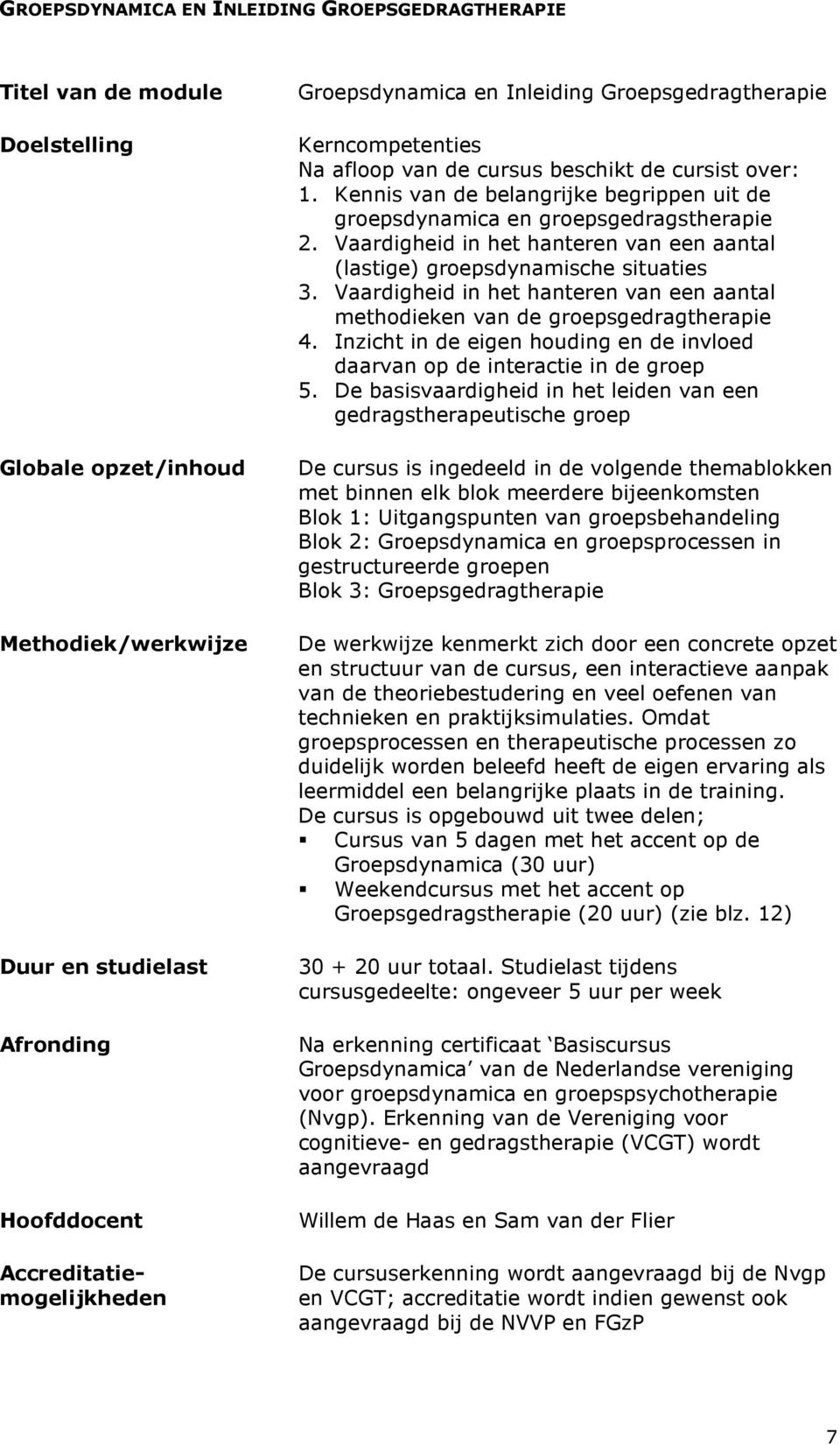 Vaardigheid in het hanteren van een aantal methodieken van de groepsgedragtherapie 4. Inzicht in de eigen houding en de invloed daarvan op de interactie in de groep 5.