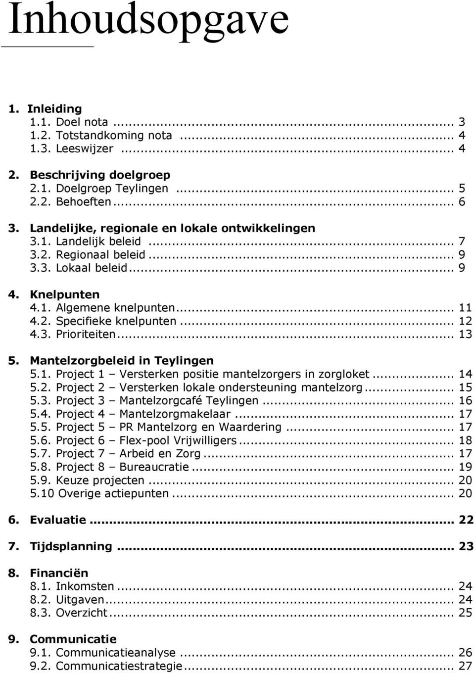 .. 12 4.3. Prioriteiten... 13 5. Mantelzorgbeleid in Teylingen 5.1. Project 1 Versterken positie mantelzorgers in zorgloket... 14 5.2. Project 2 Versterken lokale ondersteuning mantelzorg... 15 5.3. Project 3 Mantelzorgcafé Teylingen.