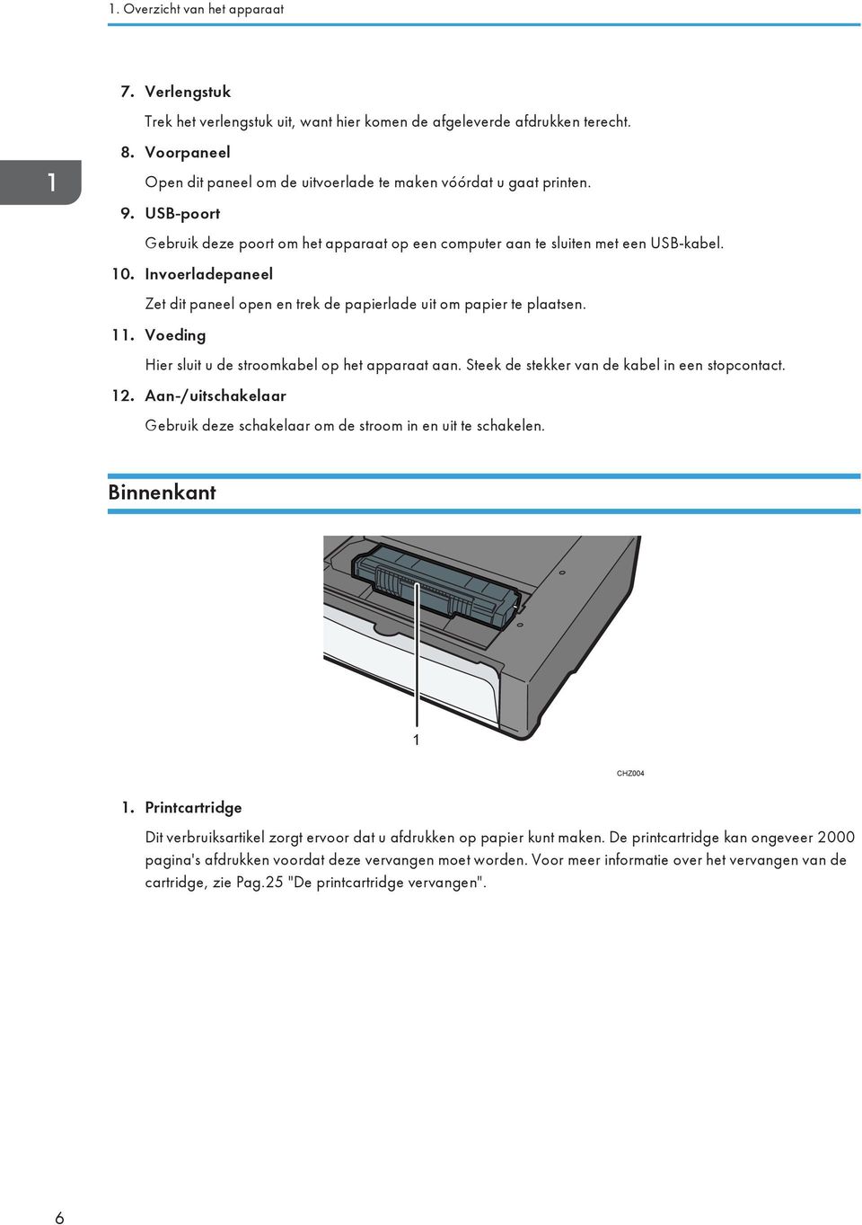 Invoerladepaneel Zet dit paneel open en trek de papierlade uit om papier te plaatsen. 11. Voeding Hier sluit u de stroomkabel op het apparaat aan. Steek de stekker van de kabel in een stopcontact. 12.