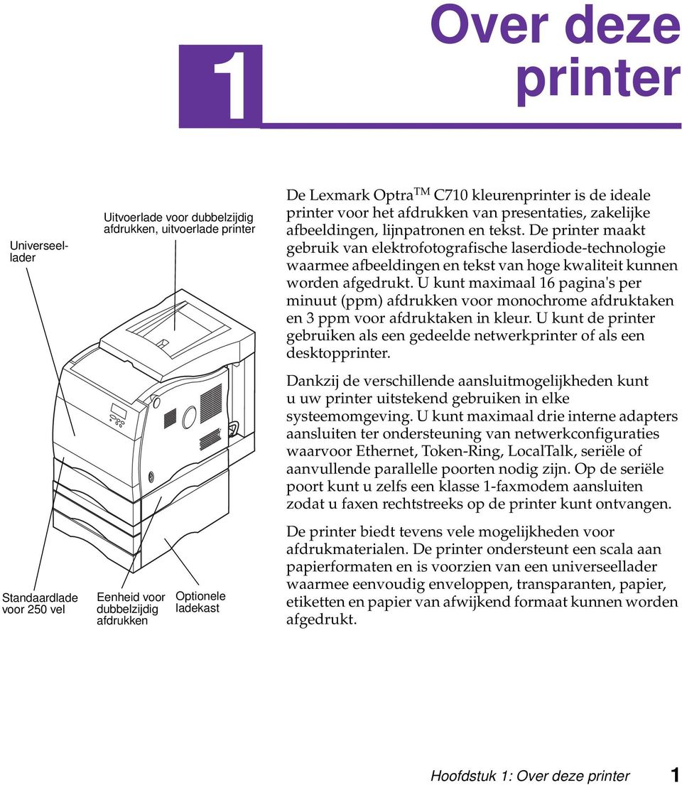 De printer maakt gebruik van elektrofotografische laserdiode-technologie waarmee afbeeldingen en tekst van hoge kwaliteit kunnen worden afgedrukt.