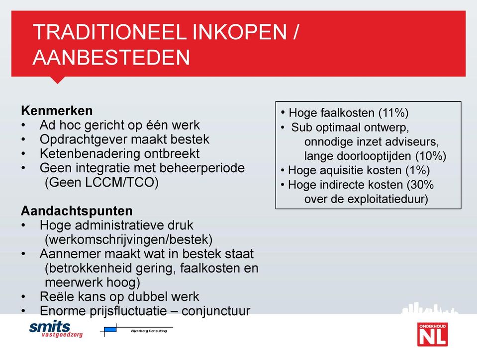 (betrokkenheid gering, faalkosten en meerwerk hoog) Reële kans op dubbel werk Enorme prijsfluctuatie conjunctuur Hoge faalkosten (11%) Sub