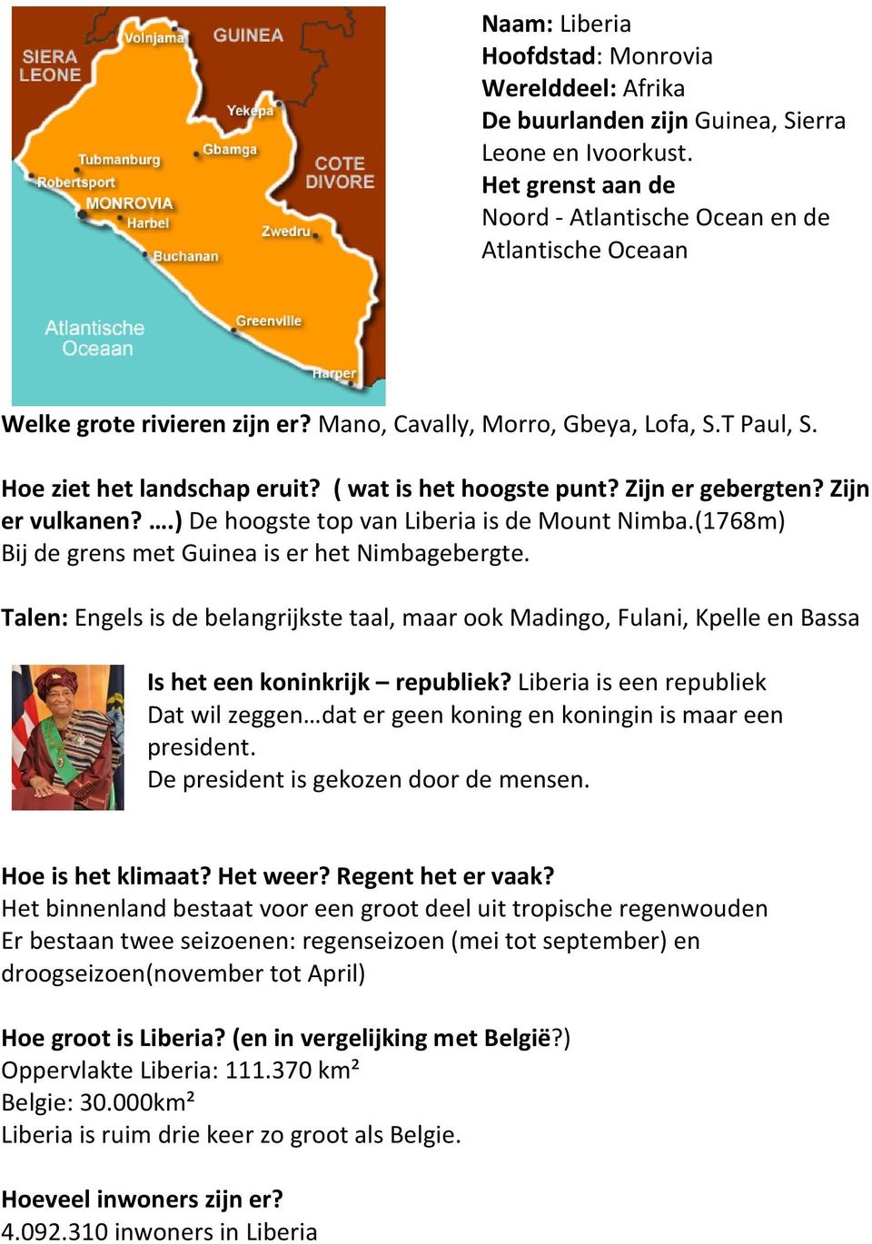 ( wat is het hoogste punt? Zijn er gebergten? Zijn er vulkanen?.) De hoogste top van Liberia is de Mount Nimba.(1768m) Bij de grens met Guinea is er het Nimbagebergte.