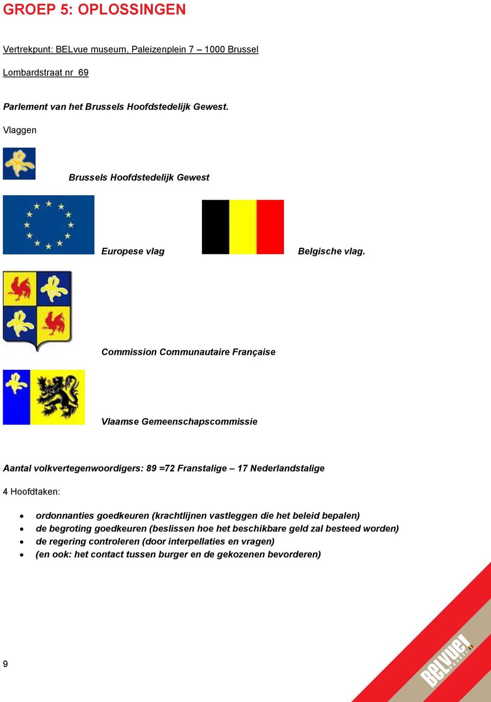 Commission Communautaire Française Vlaamse Gemeenschapscommissie Aantal volkvertegenwoordigers: 89 =72 Franstalige 17 Nederlandstalige 4 Hoofdtaken: