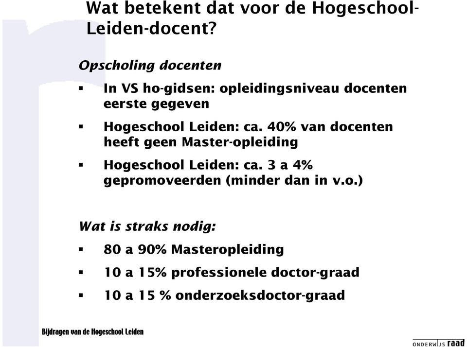 Leiden: ca. 40% van docenten heeft geen Master-opleiding Hogeschool Leiden: ca.