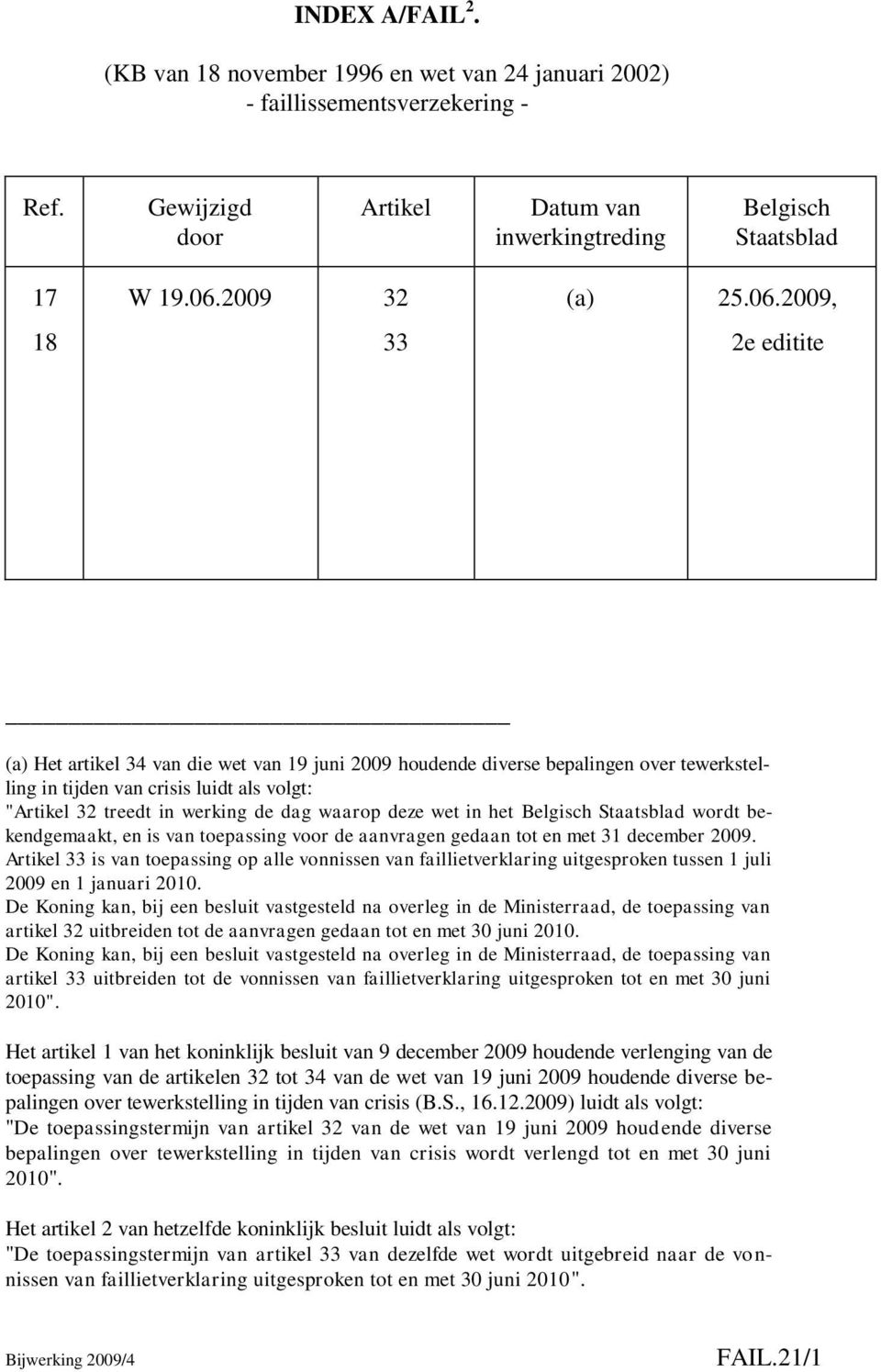 2009, 2e editite (a) Het artikel 34 van die wet van 19 juni 2009 houdende diverse bepalingen over tewerkstelling in tijden van crisis luidt als volgt: "Artikel 32 treedt in werking de dag waarop deze