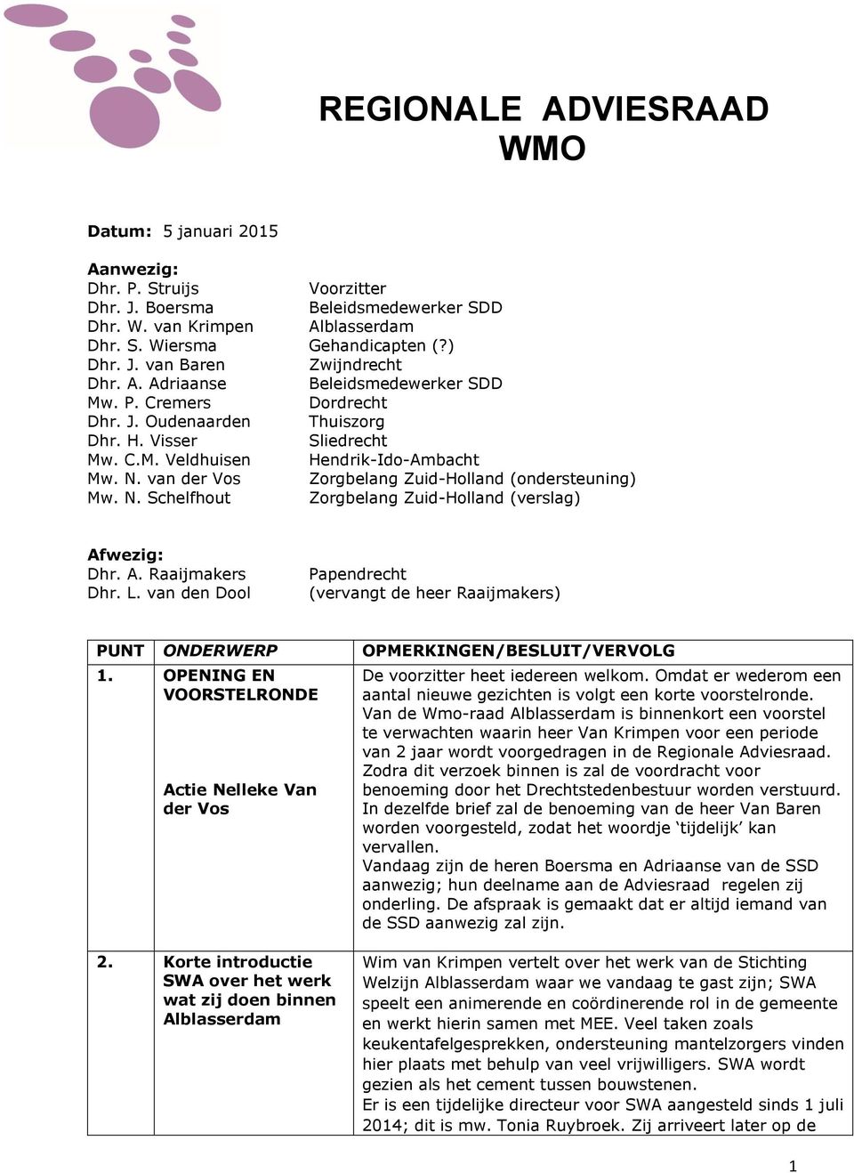 van Zorgbelang Zuid-Holland (ondersteuning) Mw. N. Schelfhout Zorgbelang Zuid-Holland (verslag) Afwezig: Dhr. A. Raaijmakers Dhr. L.