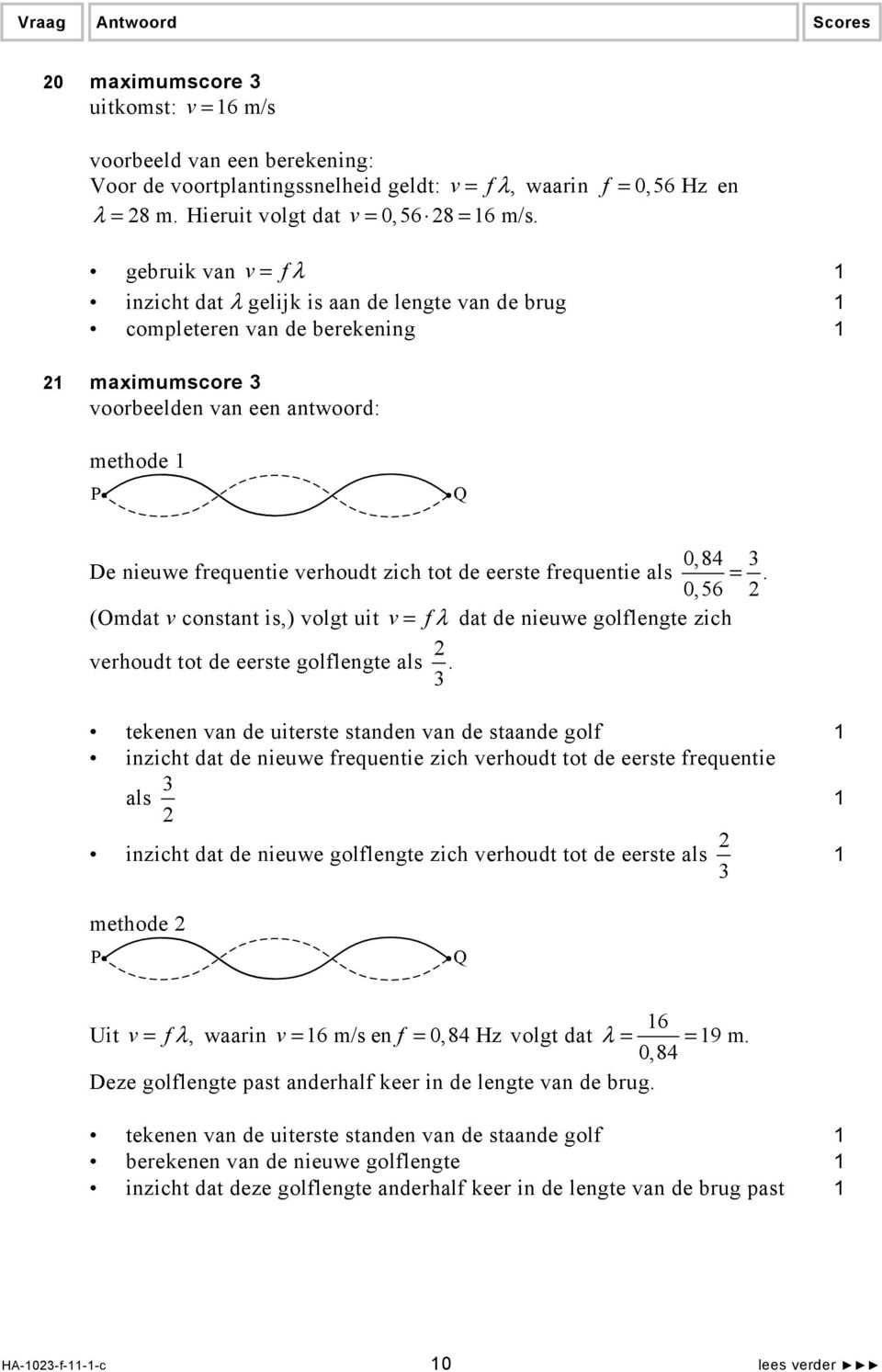 eerste frequentie als 0,84 =. 0,56 (Omdat v constant is,) volgt uit v= fλ dat de nieuwe golflengte zich verhoudt tot de eerste golflengte als.