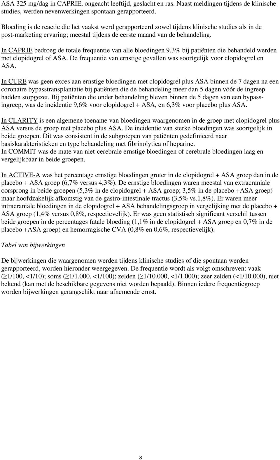 In CAPRIE bedroeg de totale frequentie van alle bloedingen 9,3% bij patiënten die behandeld werden met clopidogrel of ASA. De frequentie van ernstige gevallen was soortgelijk voor clopidogrel en ASA.