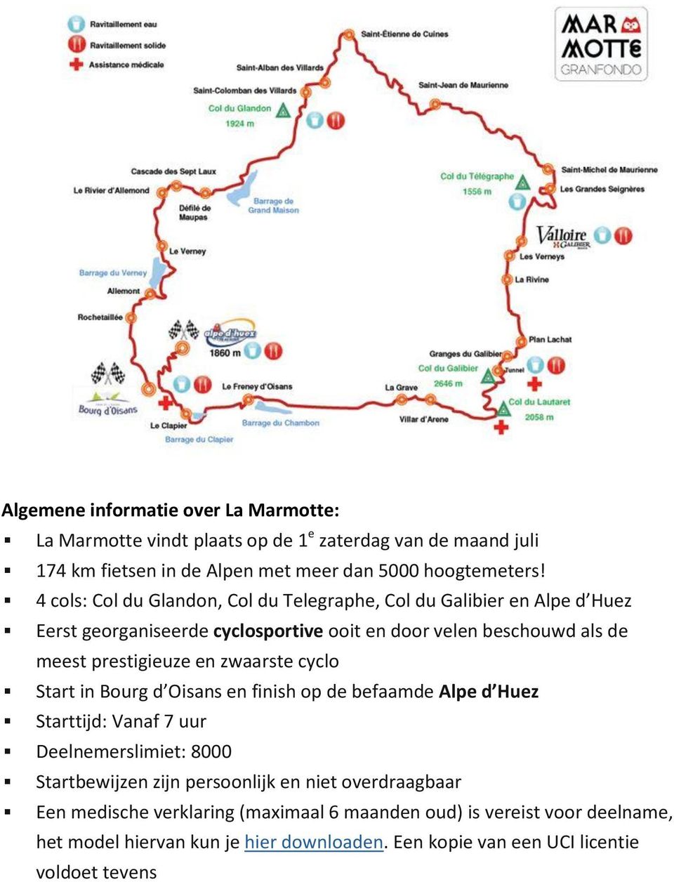 en zwaarste cyclo Start in Bourg d Oisans en finish op de befaamde Alpe d Huez Starttijd: Vanaf 7 uur Deelnemerslimiet: 8000 Startbewijzen zijn persoonlijk en niet