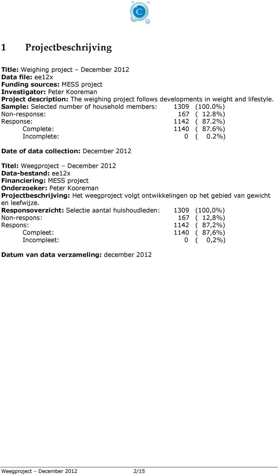 2%) Date of data collection: December 2012 Titel: Weegproject December 2012 Data-bestand: ee12x Financiering: MESS project Onderzoeker: Peter Kooreman Projectbeschrijving: Het weegproject volgt