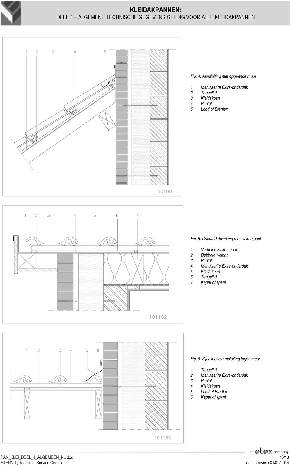 Menuiserite Extra-onderdak 5. Kleidakpan 6. Tengellat 7. Keper of spant Fig. 6: Zijdelingse aansluiting tegen muur 1.