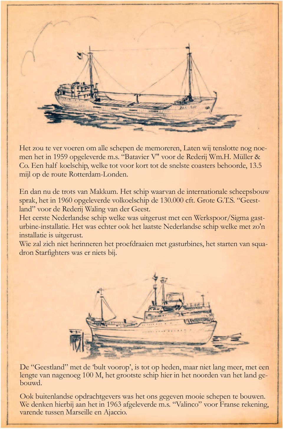 Het schip waarvan de internationale scheepsbouw sprak, het in 1960 opgeleverde volkoelschip de 130.000 cft. Grote G.T.S. Geestland voor de Rederij Waling van der Geest.