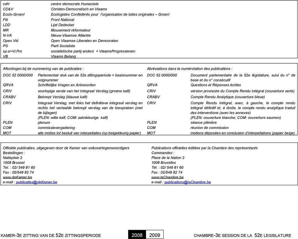 Afkortingen bij de nummering van de publicaties : Abréviations dans la numérotation des publications : DOC 52 0000/000 Parlementair stuk van de 52e zittingsperiode + basisnummer en DOC 52 0000/000