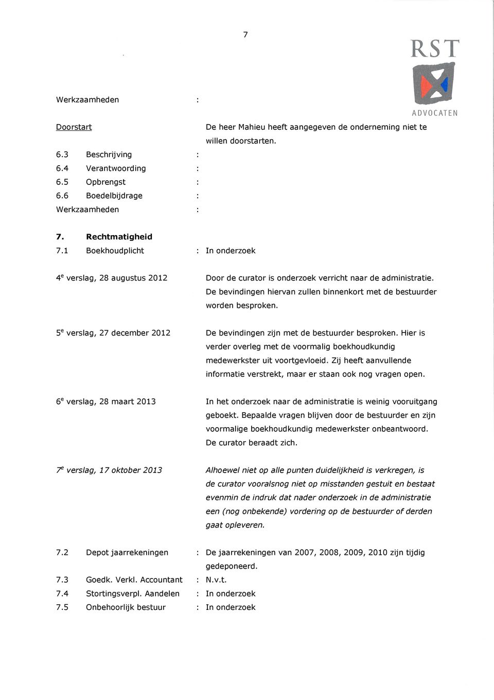 5 e verslag, 27 december 2012 De bevindingen zijn met de bestuurder besproken. Hier is verder overleg met de voormalig boekhoudkundig medewerkster uit voortgevloeid.