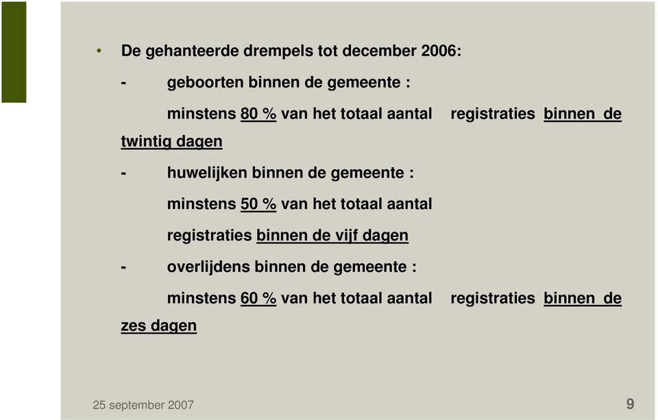 minstens 50 % van het totaal aantal registraties binnen de vijf dagen - overlijdens binnen de