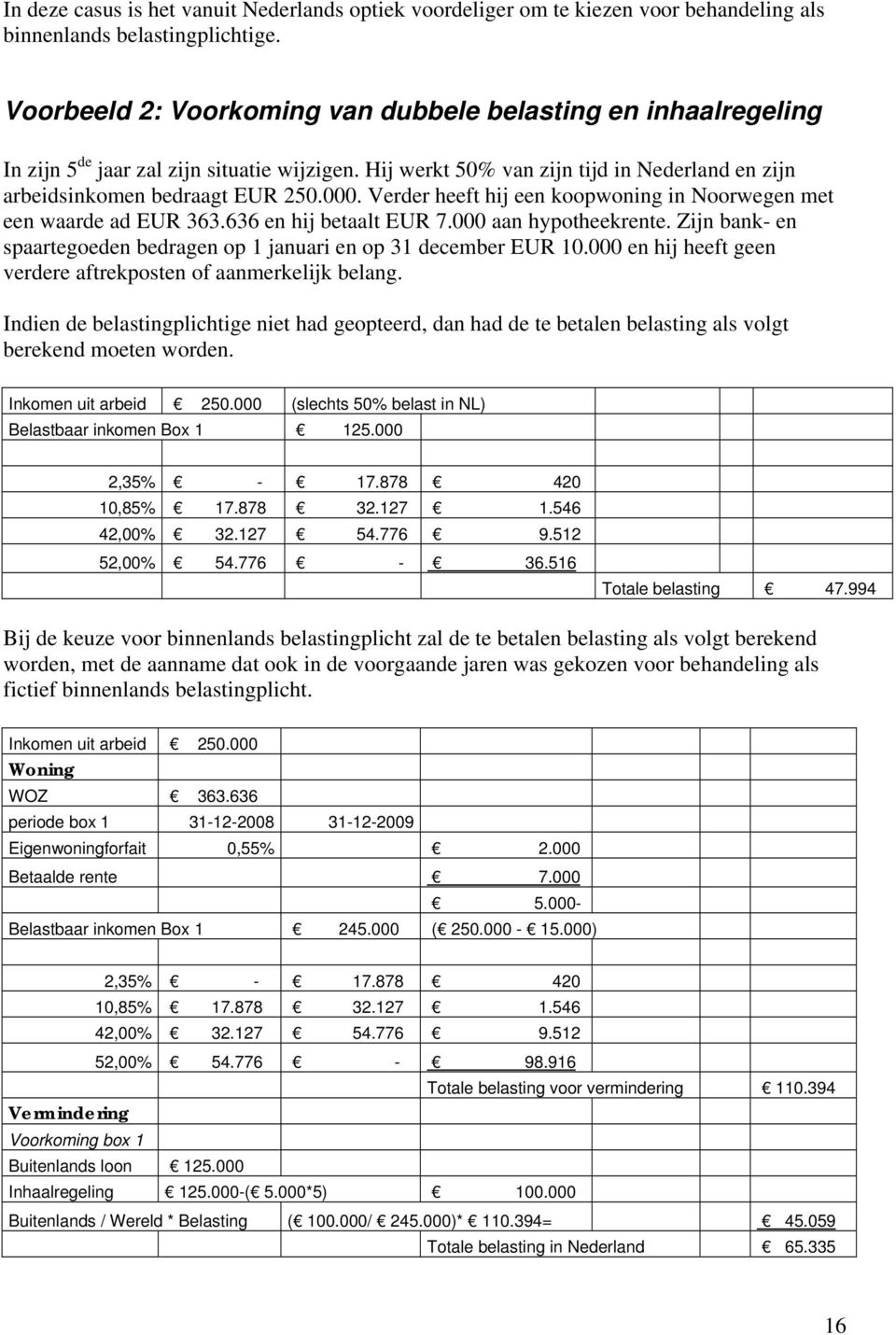 Verder heeft hij een koopwoning in Noorwegen met een waarde ad EUR 363.636 en hij betaalt EUR 7.000 aan hypotheekrente. Zijn bank- en spaartegoeden bedragen op 1 januari en op 31 december EUR 10.