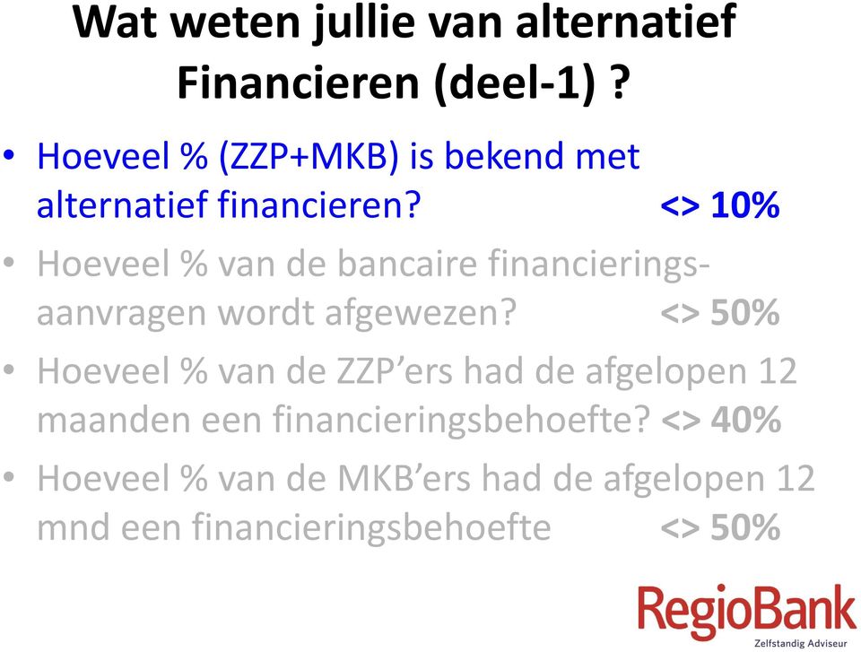 <> 10% Hoeveel % van de bancaire financieringsaanvragen wordt afgewezen?