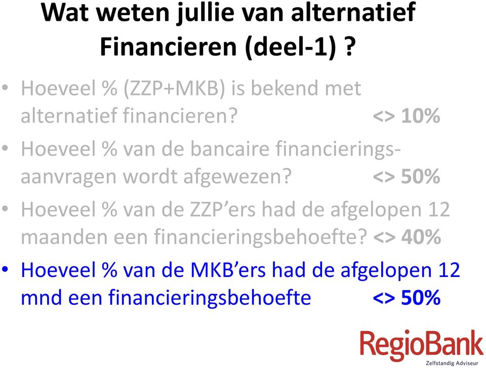 <> 10% Hoeveel % van de bancaire financieringsaanvragen wordt afgewezen?