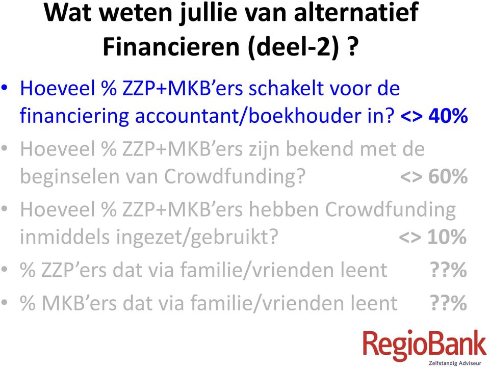 <> 40% Hoeveel % ZZP+MKB ers zijn bekend met de beginselen van Crowdfunding?