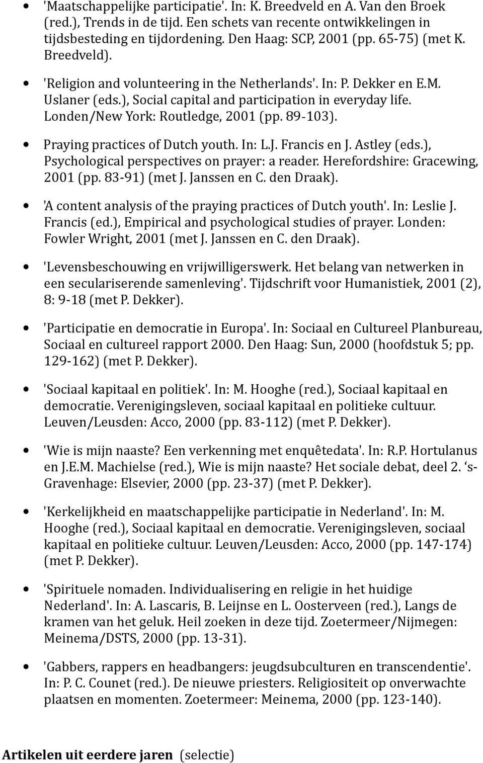 Londen/New York: Routledge, 2001 (pp. 89-103). Praying practices of Dutch youth. In: L.J. Francis en J. Astley (eds.), Psychological perspectives on prayer: a reader.