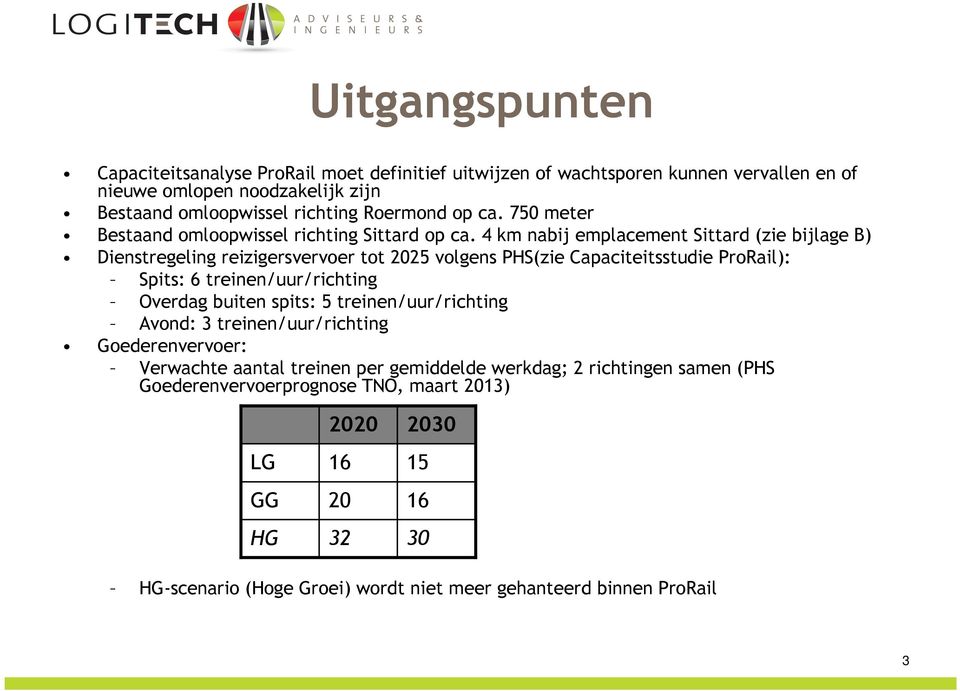 4 km nabij emplacement Sittard (zie bijlage B) Dienstregeling reizigersvervoer tot 2025 volgens PHS(zie Capaciteitsstudie ProRail): Spits: 6 treinen/uur/richting Overdag buiten