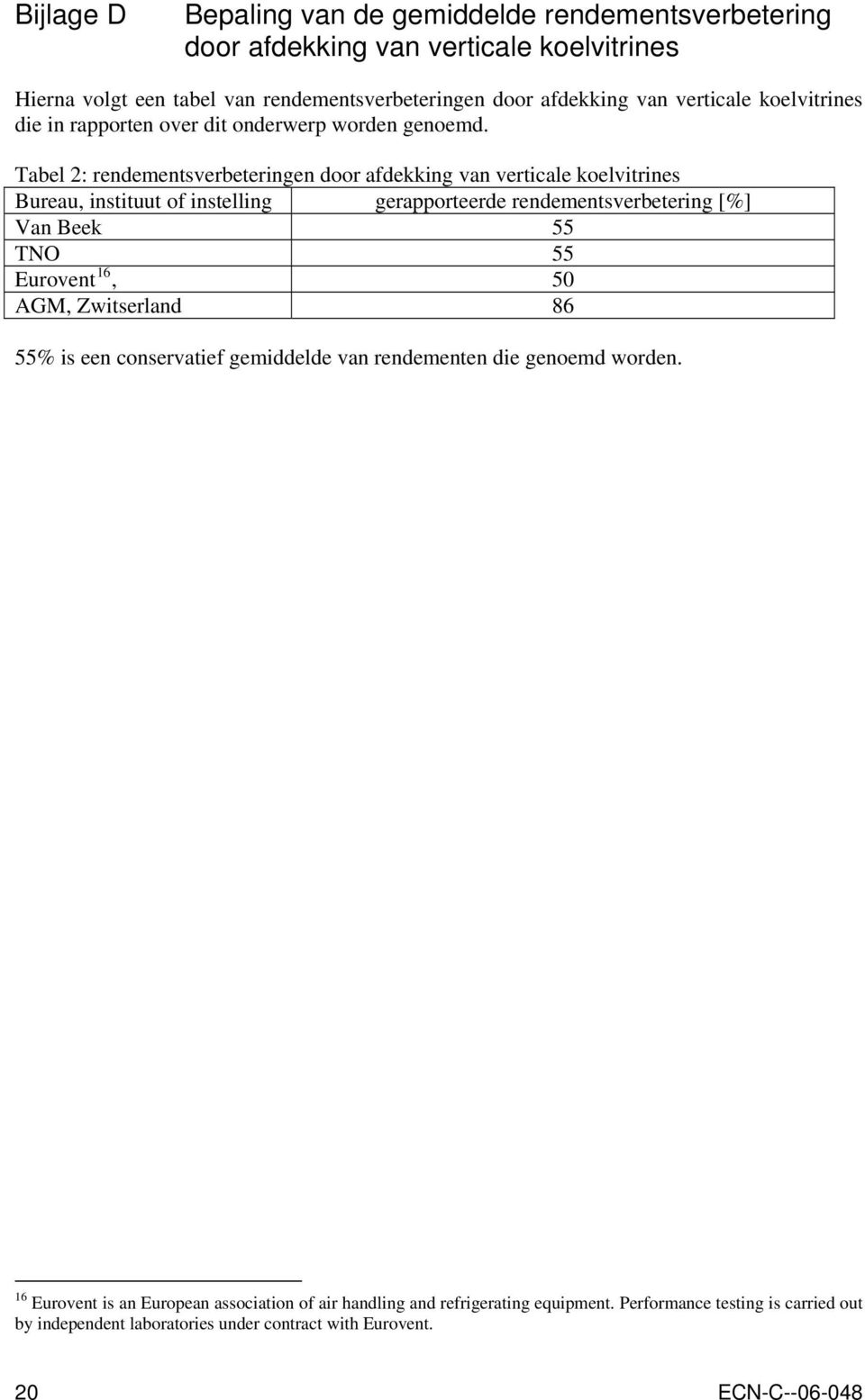 Tabel 2: rendementsverbeteringen door afdekking van verticale koelvitrines Bureau, instituut of instelling gerapporteerde rendementsverbetering [%] Van Beek 55 TNO 55 Eurovent