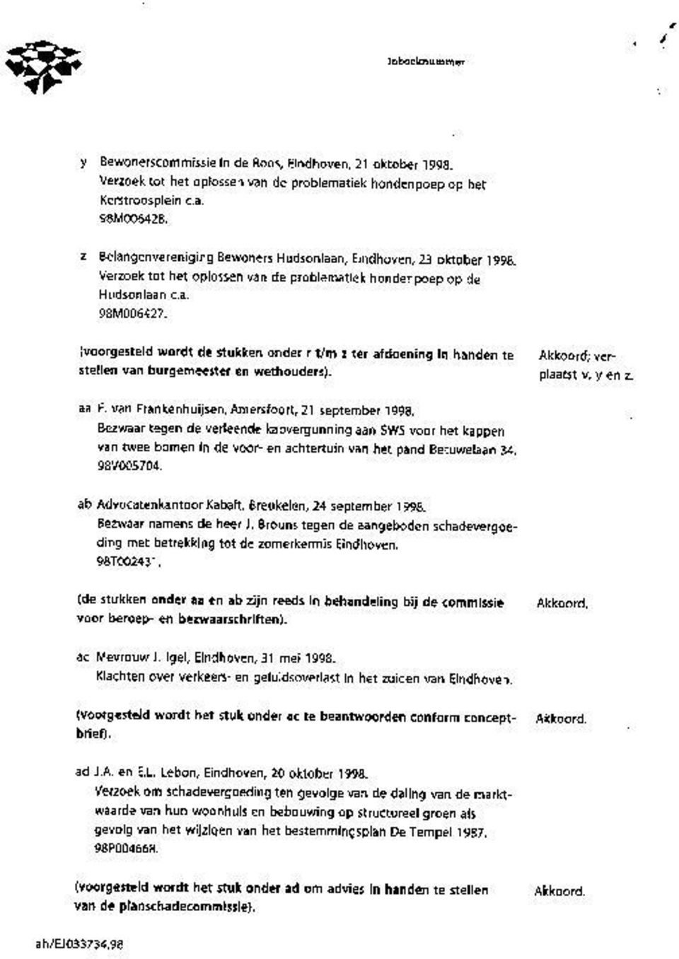 (voorgesteld wordt de stukken onder r t/m z ter afdoening in handen te stellen van burgemeester en wethouders). Akkoord; verplaatst v, y en z. aa F. van Frankenhuijsen, Amersfoort, 21 september 1998.