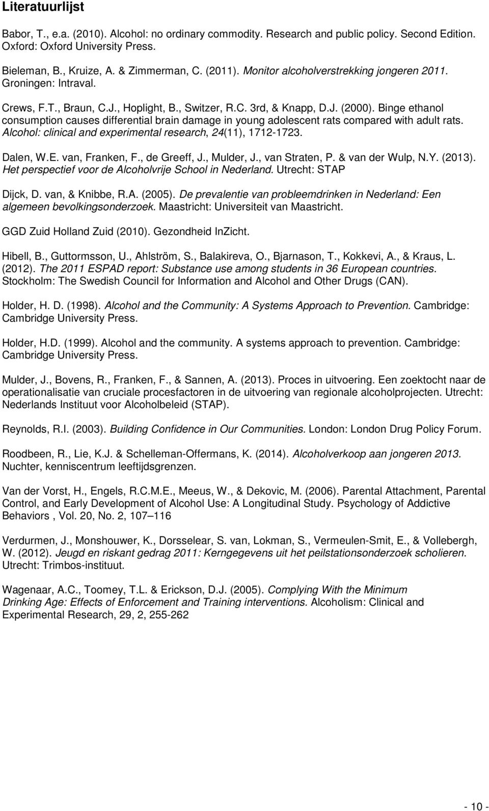 Binge ethanol consumption causes differential brain damage in young adolescent rats compared with adult rats. Alcohol: clinical and experimental research, 24(11), 1712-1723. Dalen, W.E.