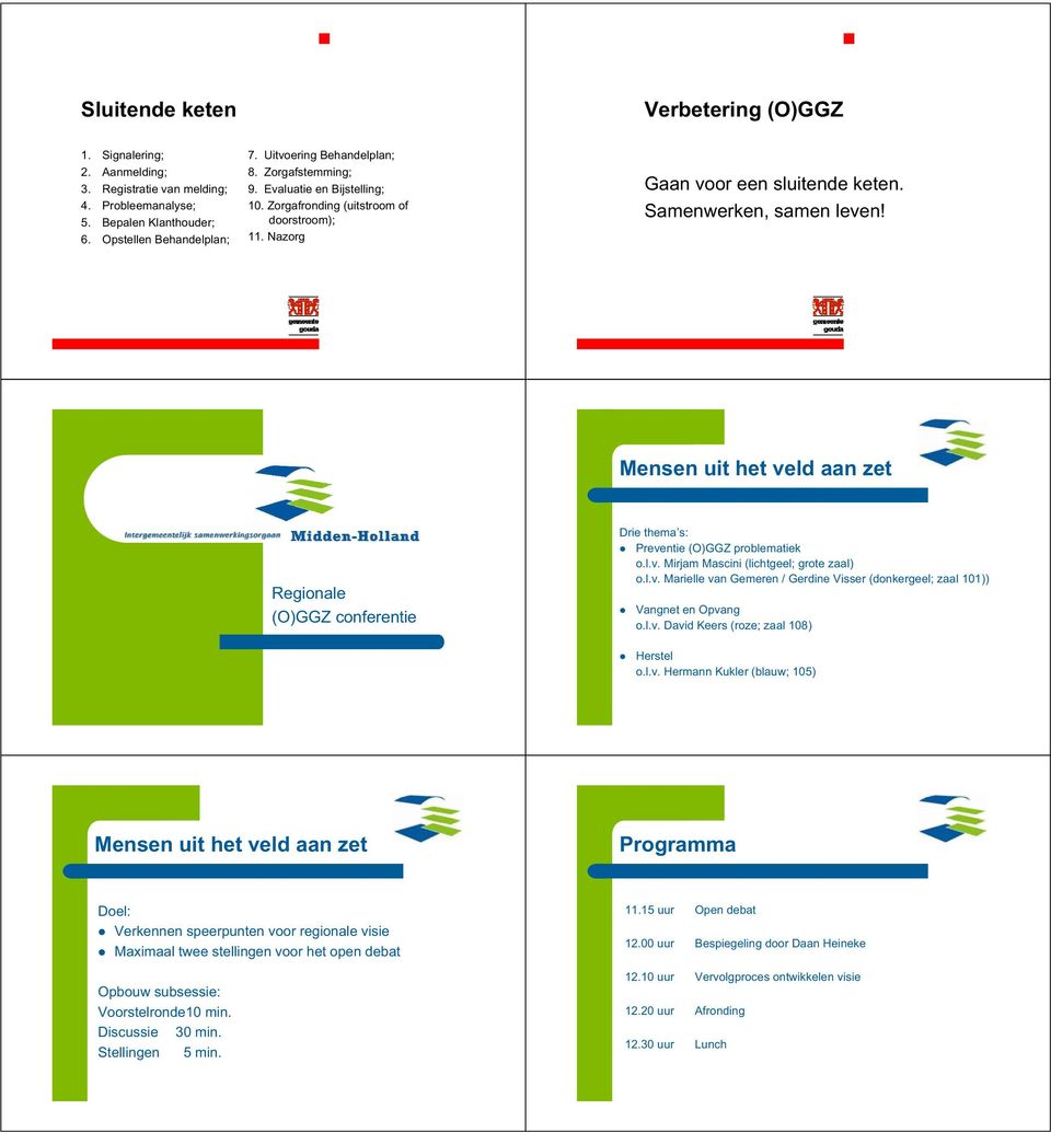 Mensen uit het veld aan zet Regionale (O)GGZ conferentie Drie thema s: Preventie (O)GGZ problematiek o.l.v. Mirjam Mascini (lichtgeel; grote zaal) o.l.v. Marielle van Gemeren / Gerdine Visser (donkergeel; zaal 101)) Vangnet en Opvang o.