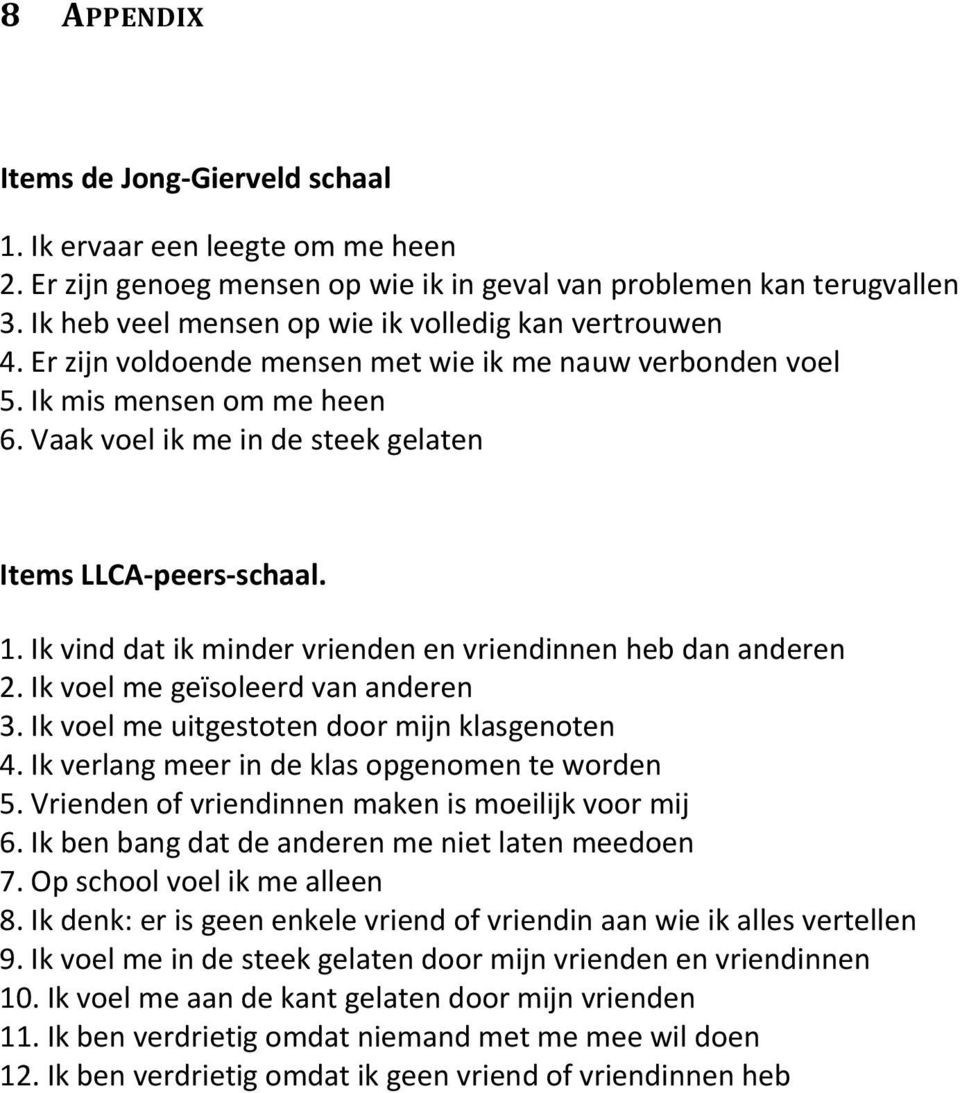 Vaak voel ik me in de steek gelaten Items LLCA peers schaal. 1. Ik vind dat ik minder vrienden en vriendinnen heb dan anderen 2. Ik voel me geïsoleerd van anderen 3.