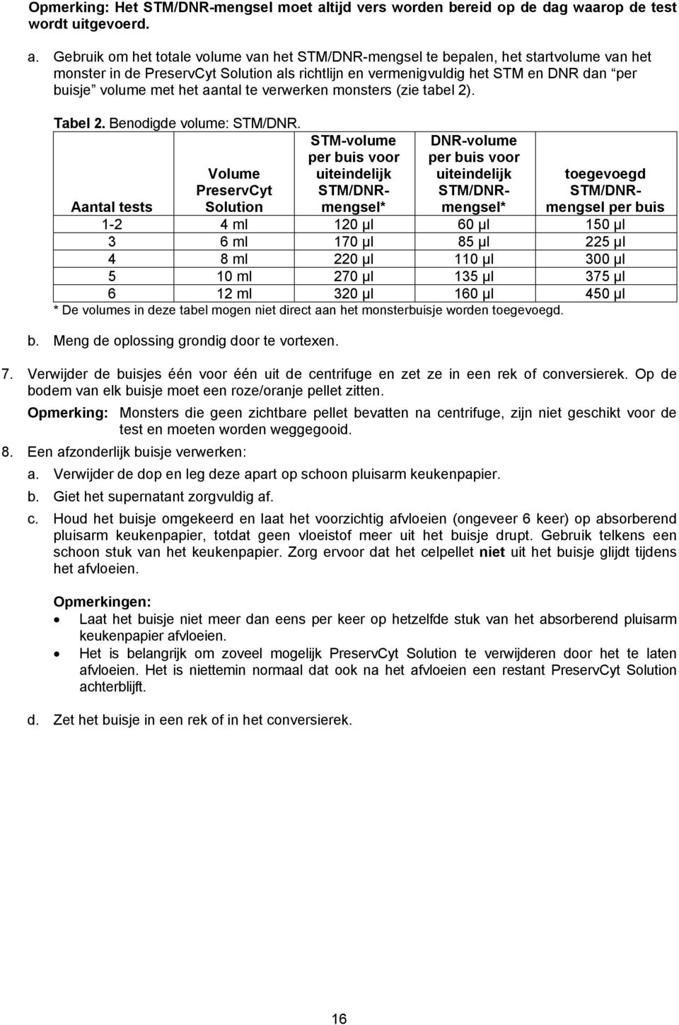 Gebruik om het totale volume van het STM/DNR-mengsel te bepalen, het startvolume van het monster in de PreservCyt Solution als richtlijn en vermenigvuldig het STM en DNR dan per buisje volume met het