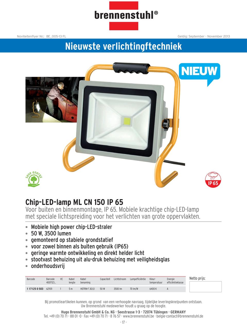 Mobiele high power chip-led-straler 50 W, 3500 lumen gemonteerd op stabiele grondstatief voor zowel binnen als buiten gebruik (IP65) geringe warmte ontwikkeling en