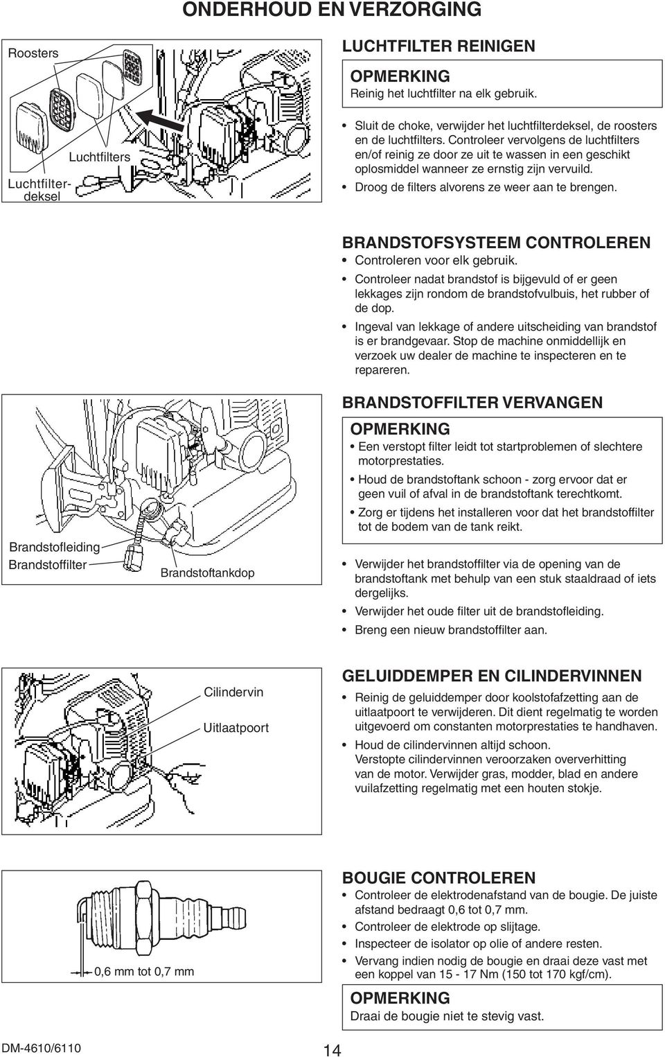 Controleer vervolgens de luchtfilters en/of reinig ze door ze uit te wassen in een geschikt oplosmiddel wanneer ze ernstig zijn vervuild. Droog de filters alvorens ze weer aan te brengen.