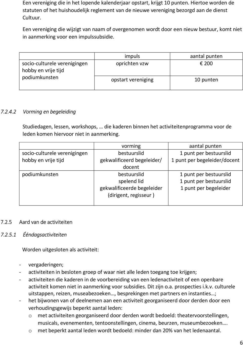 2.4.2 Vorming en begeleiding Studiedagen, lessen, workshops, die kaderen binnen het activiteitenprogramma voor de leden komen hiervoor niet in aanmerking.