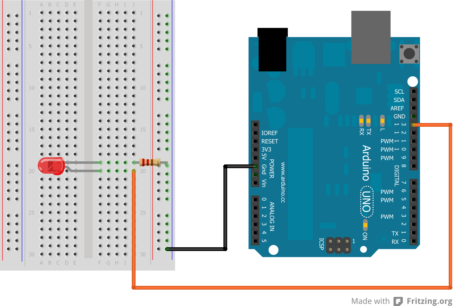 4 Gebruik het breadboard en de een rode en zwarte kabel (uit het electronic components doosje) om de schakeling op de volgende bladzijde na te bouwen.