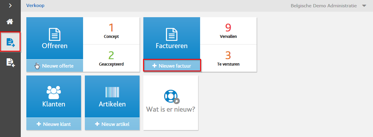 Aanmaken factuur Via Verkoop Nieuwe factuur De werkwijze is nagenoeg identiek aan de aanmaak van een nieuwe offerte.