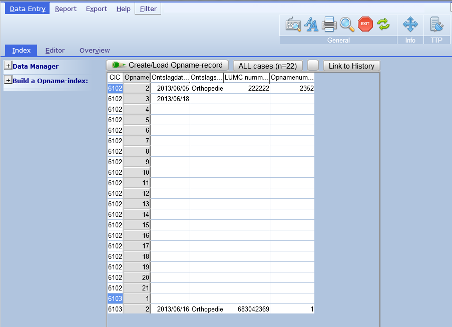 Data Entry Alle functies die nodig zijn voor de invoer van data bevinden zich onder het hoofdtabblad Data Entry. Binnen dit tabblad zijn er drie tabbladen: Index, Editor en Overview.