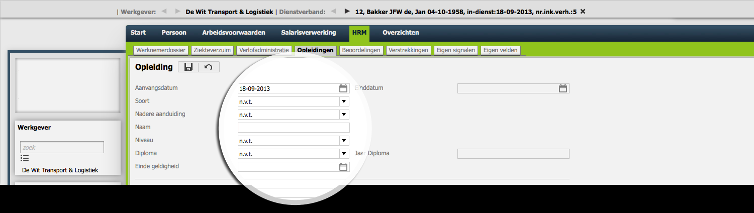 8.2 Toevoegen opleiding werknemer 1. Selecteer de werknemer. 2. Kies in het menu op werknemerniveau onder HRM voor Opleidingen. 3.