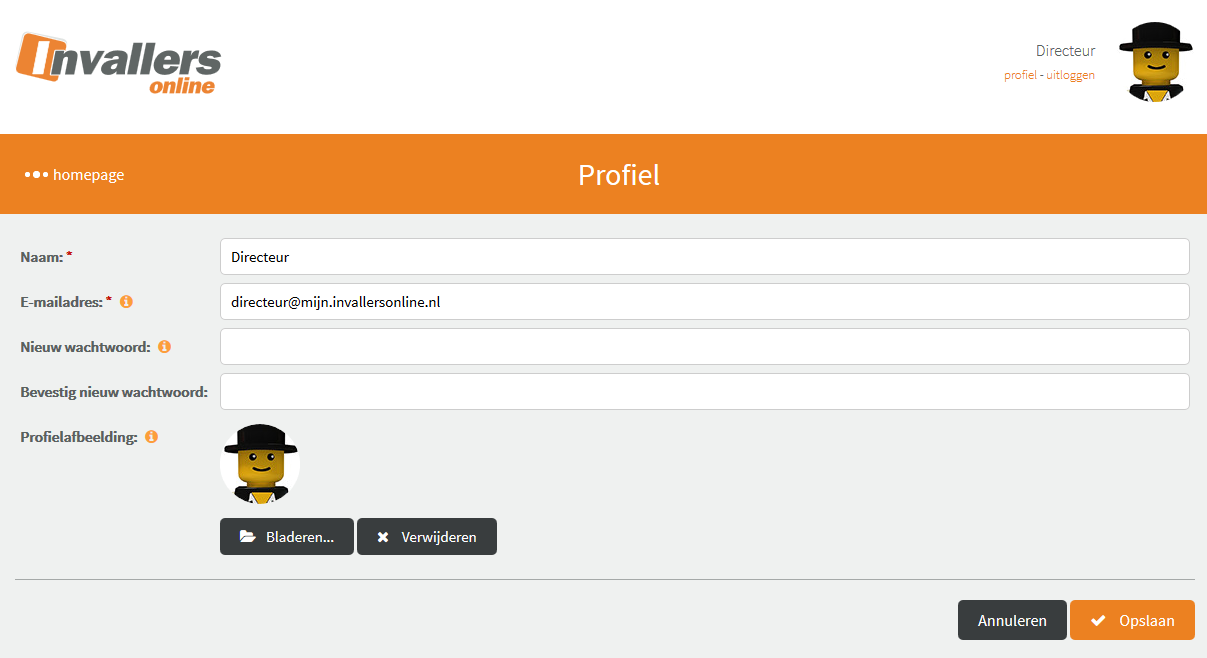 Profiel Ook een directeur kan een profiel bijhouden. In het profiel kan de directeur zijn e-mailadres wijzigen.