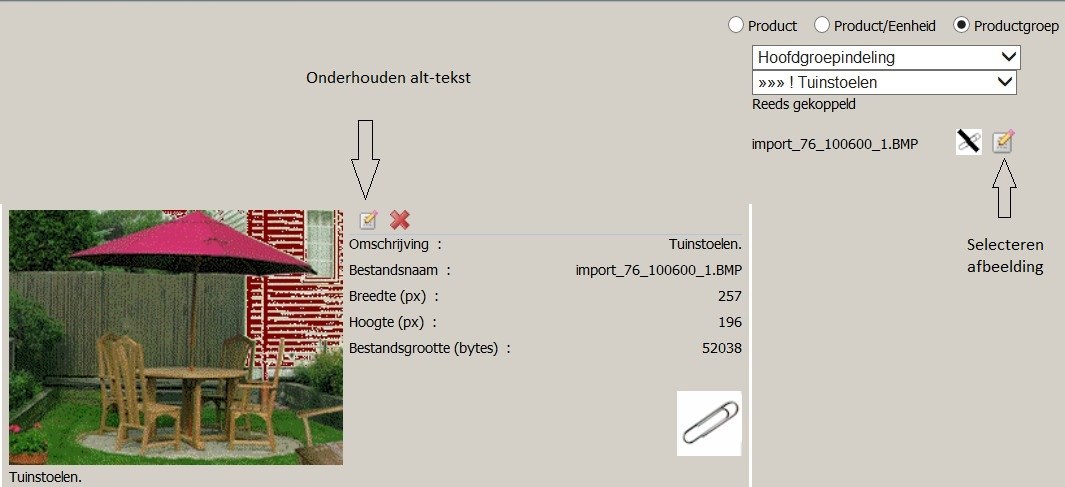 Alt tekst In HTML bestaat het alt-attribuut om een toelichting te geven op een afbeelding. Deze tekst bij de afbeelding kan nu onderhouden worden voor zowel product- als productgroep afbeeldingen.