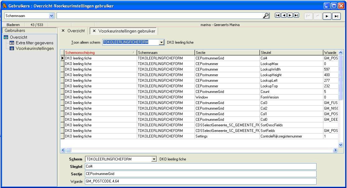 HOOFDSTUK 1. DKO BEHEERDERS 10 Figuur 1.15: Extra filter gegevens Per gebruiker worden de aangepaste instellingen van de schermen bijgehouden.